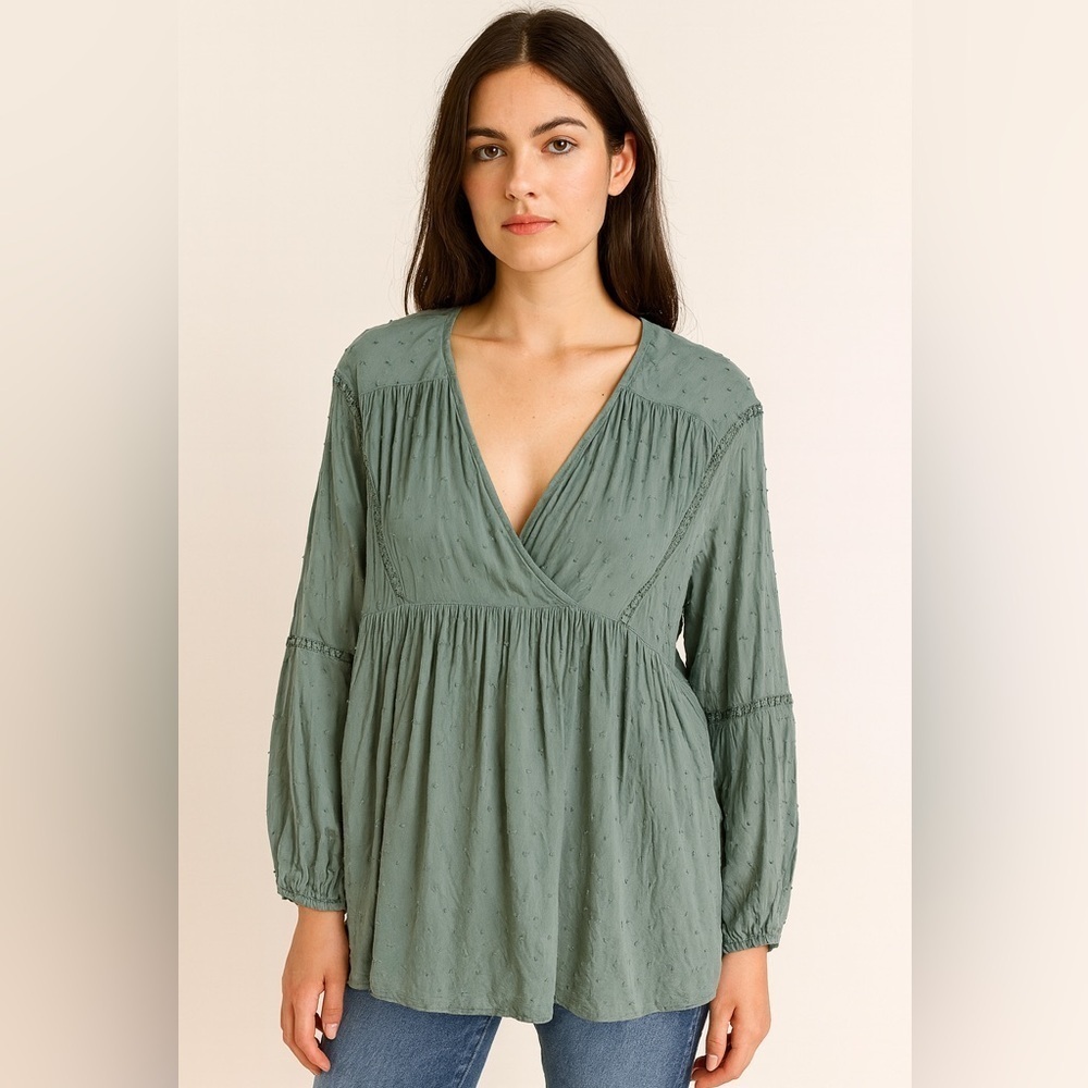 Umgee Swiss Dot Green Swing Boho Tunic Top Blouse Shirt xl